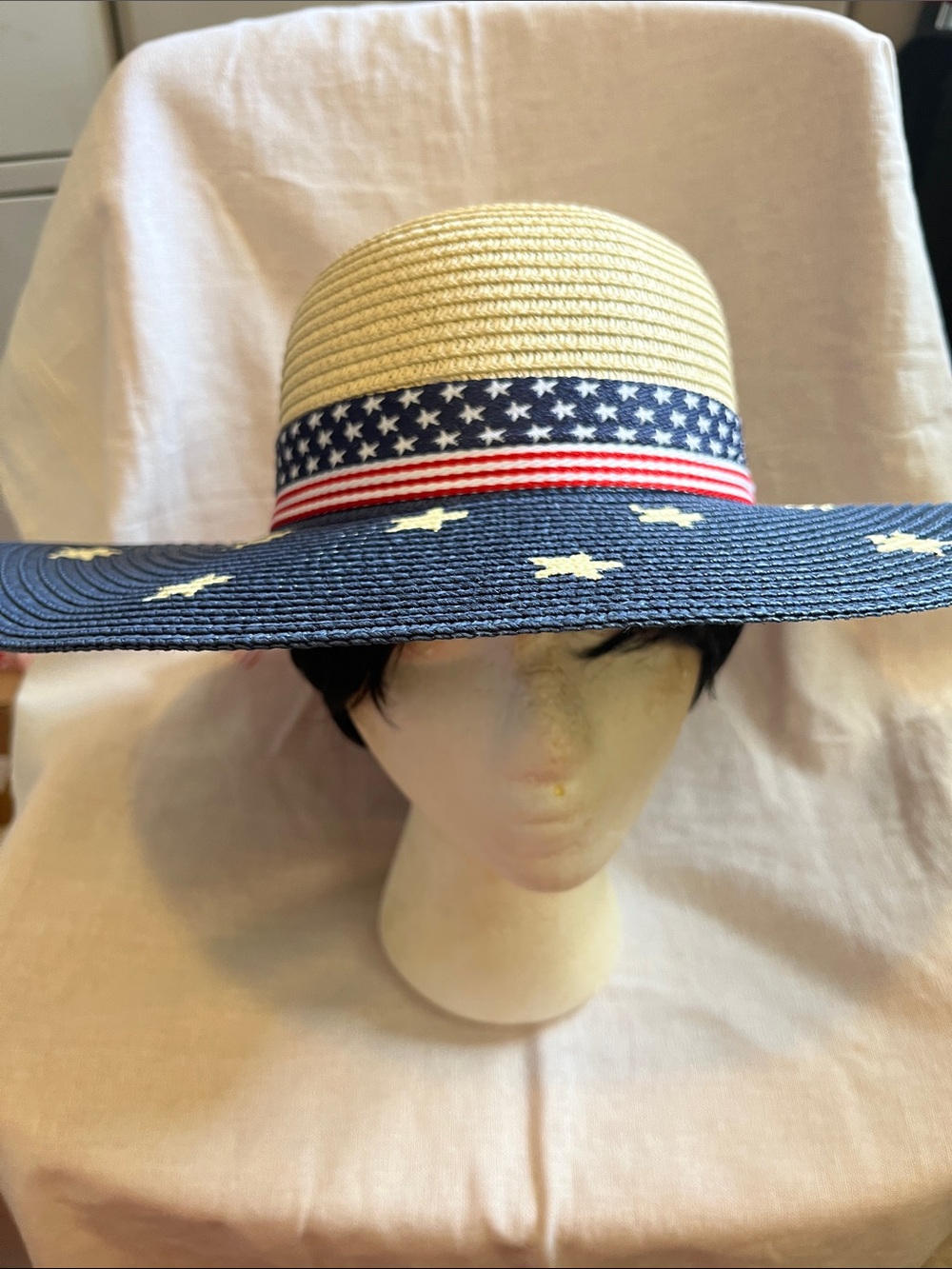 Patriotic Wide-Brim Straw Sun Hat - Blue, Red & Natural
